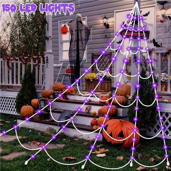 150 LED Lighted Spider Web16.4Ft Halloween Decor Light up with 8 Lighting Modes - Picture 2 of 6